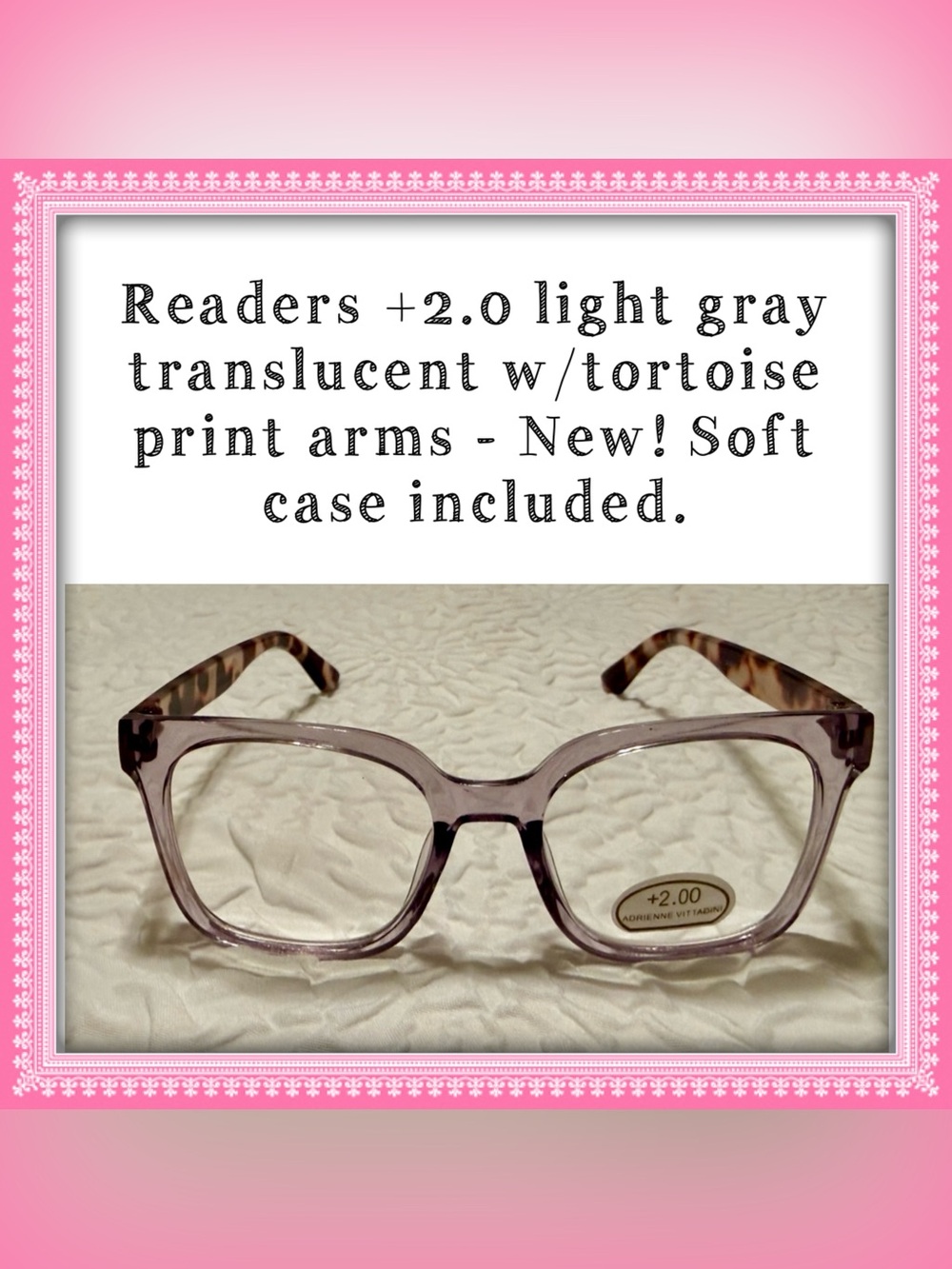 Reading eye glasses +2.0 light gray translucent w/tortoise NEW! Soft Case incl